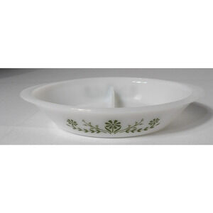 Vintage Glasbake White Green Daisy Flower Oval Divided Casserole Dish Qt